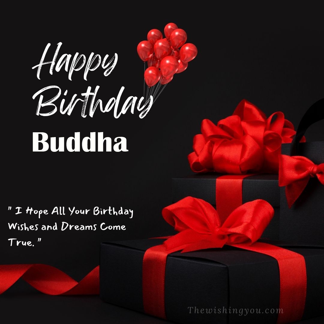 Happy birthday Buddha written on image red ballons and gift box with red ribbon Dark Black background