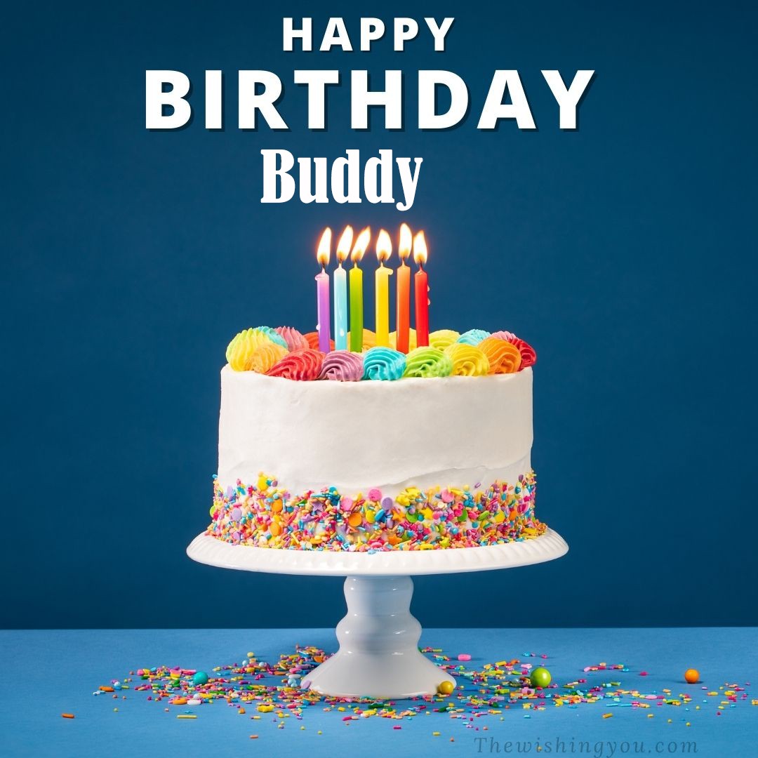 Happy birthday Buddy written on image White cake keep on White stand and burning candles Sky background