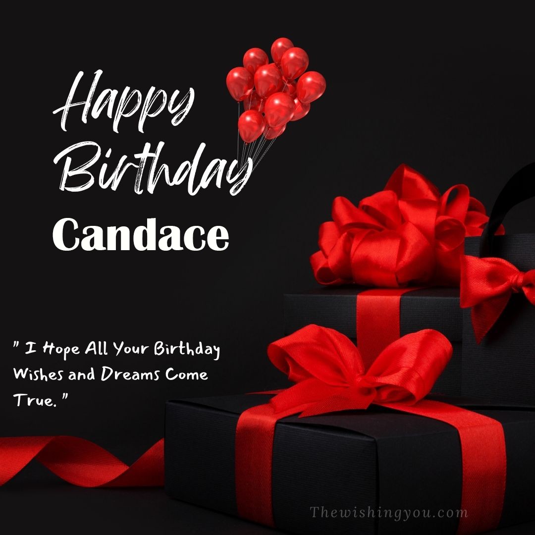 Happy birthday Candace written on image red ballons and gift box with red ribbon Dark Black background