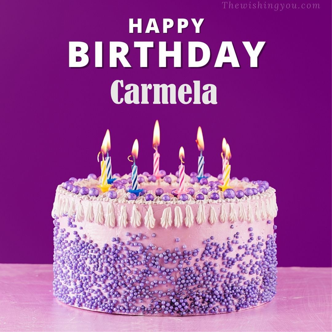 Happy birthday Carmela written on image White and blue cake and burning candles Violet background