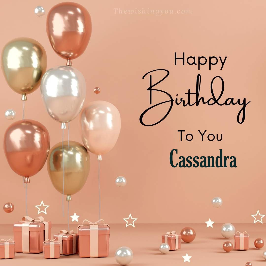 Happy birthday Cassandra written on image Light Yello and white and pink Balloons with many gift box Pink Background