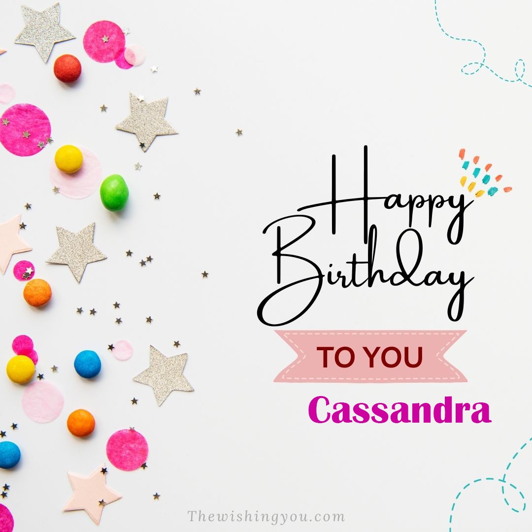 Happy birthday Cassandra written on image Star and ballonWhite background