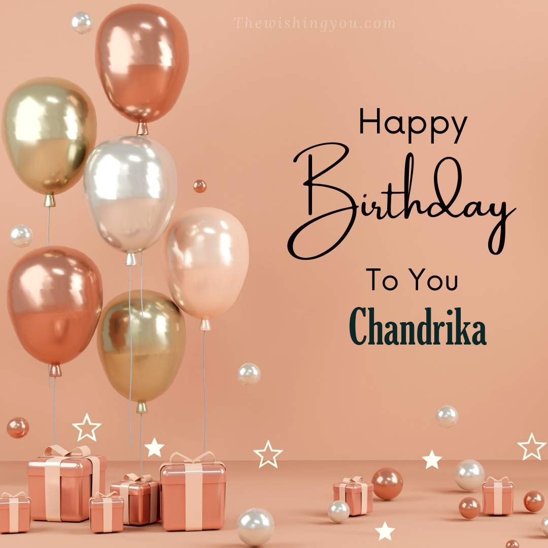Happy birthday Chandrika written on image Light Yello and white and pink Balloons with many gift box Pink Background