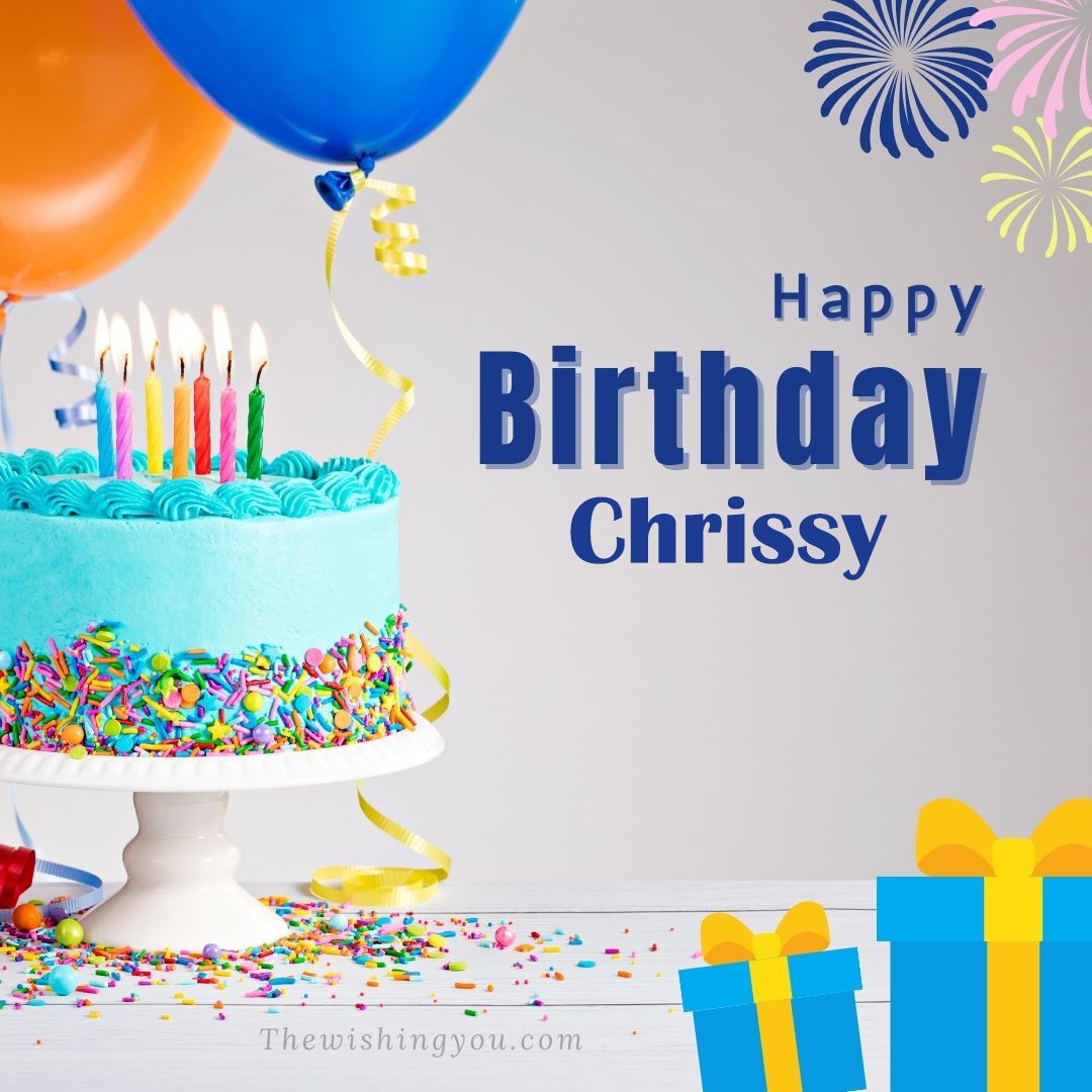 Happy birthday Chrissy written on image White cake keep on White stand and blue gift boxes with Yellow ribon with Sky background