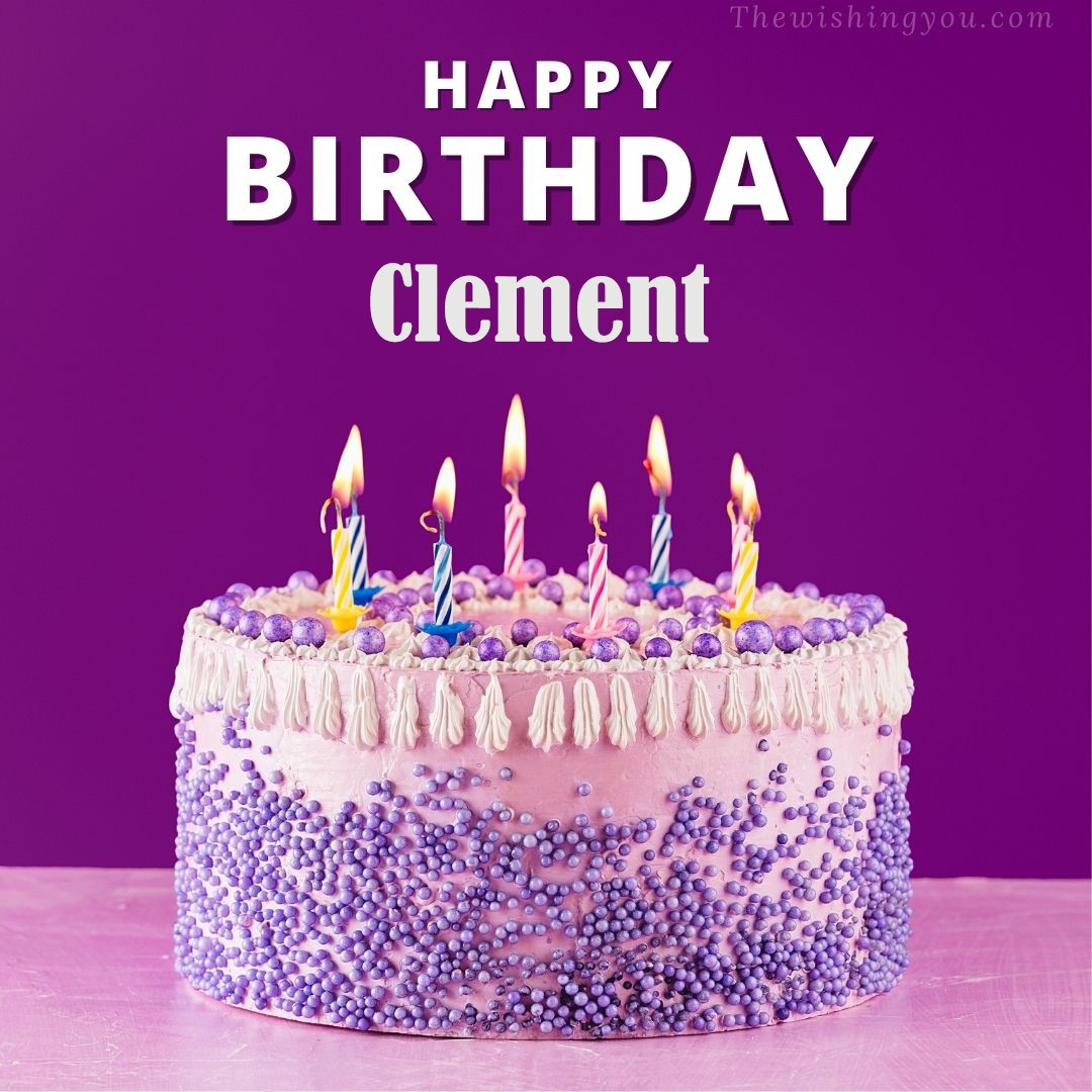 Happy birthday Clement written on image White and blue cake and burning candles Violet background