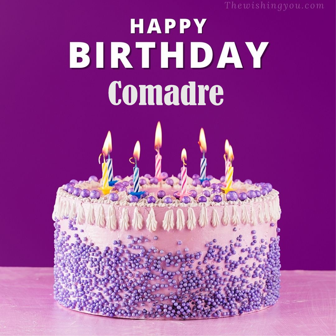 Happy birthday Comadre written on image White and blue cake and burning candles Violet background