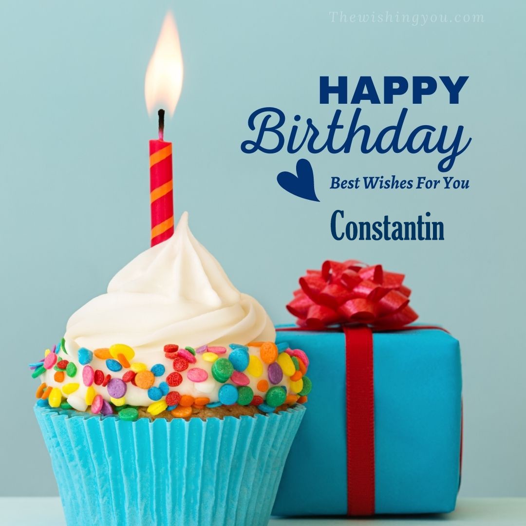 Happy birthday Constantin written on image Blue Cup cake and burning candle blue Gift boxes with red ribon