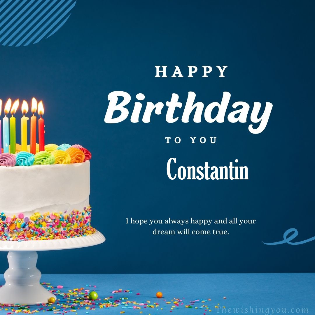 Happy birthday Constantin written on image white cake and burning candle Blue Background