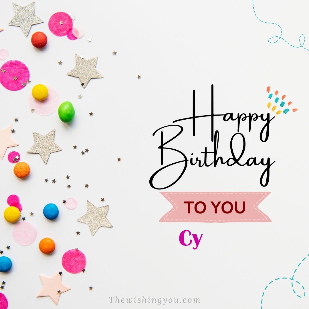 Happy birthday Cy written on image Star and ballonWhite background