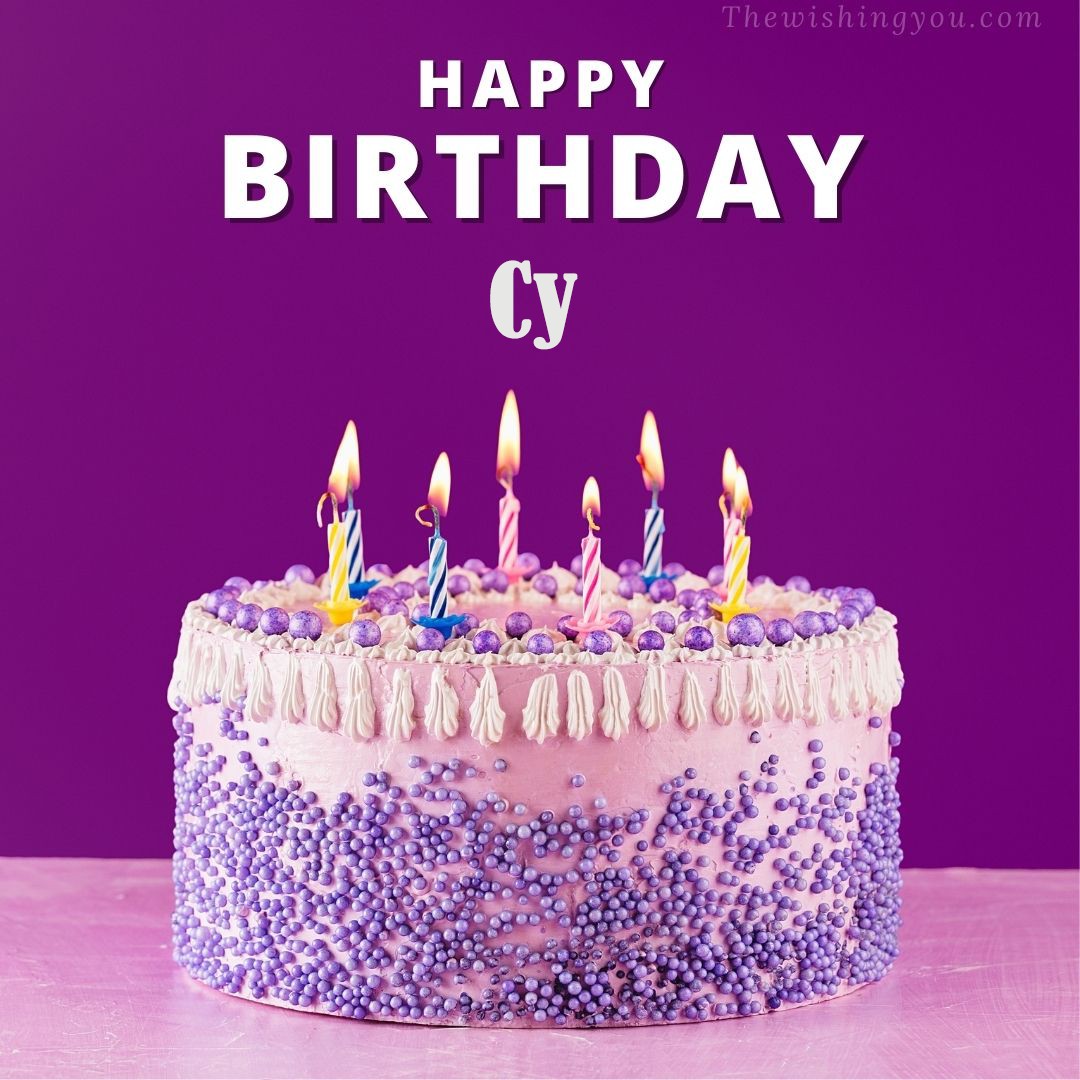 Happy birthday Cy written on image White and blue cake and burning candles Violet background