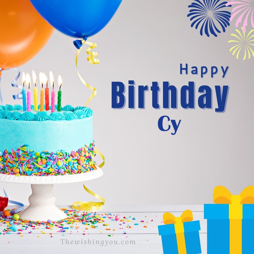 Happy birthday Cy written on image White cake keep on White stand and blue gift boxes with Yellow ribon with Sky background