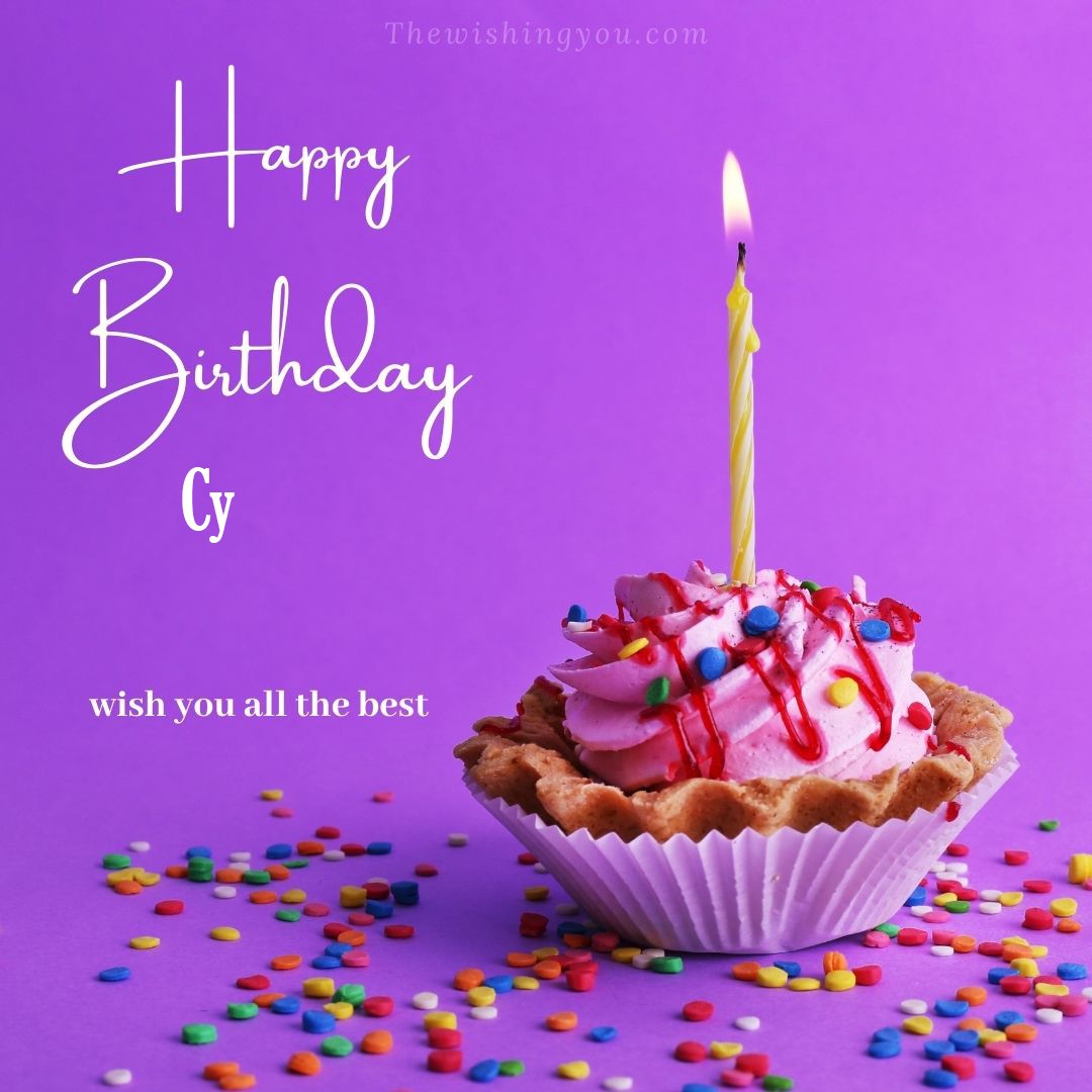 Happy birthday Cy written on image cup cake burning candle Purple background