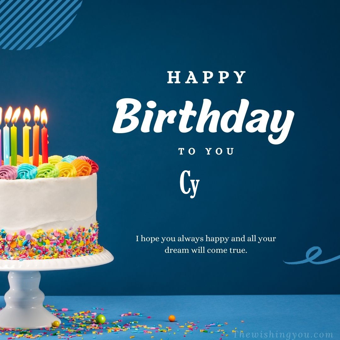 Happy birthday Cy written on image white cake and burning candle Blue Background