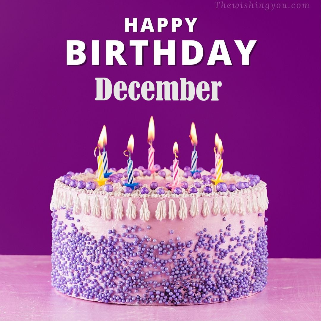 Happy birthday December written on image White and blue cake and burning candles Violet background