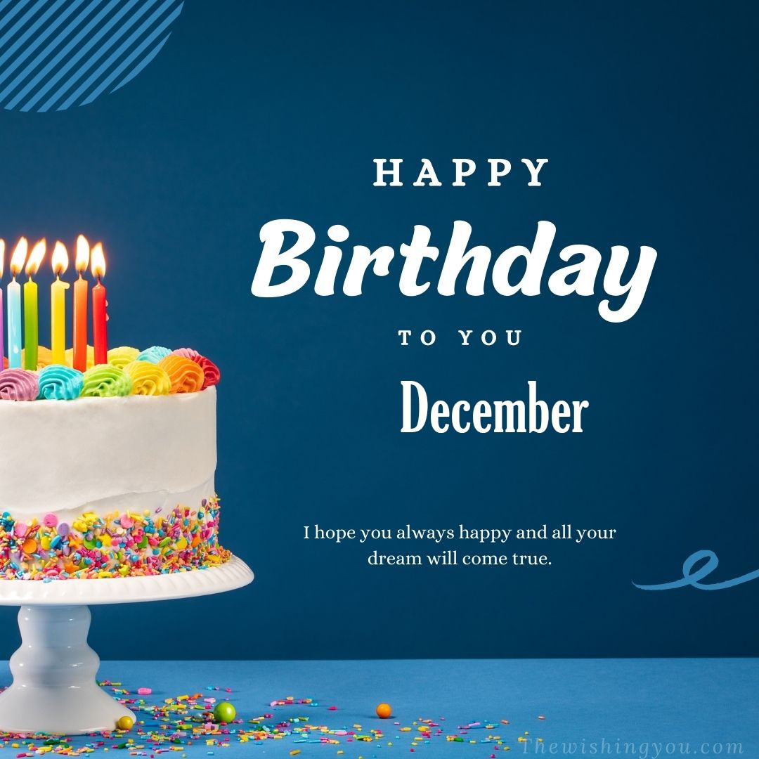 Happy birthday December written on image white cake and burning candle Blue Background