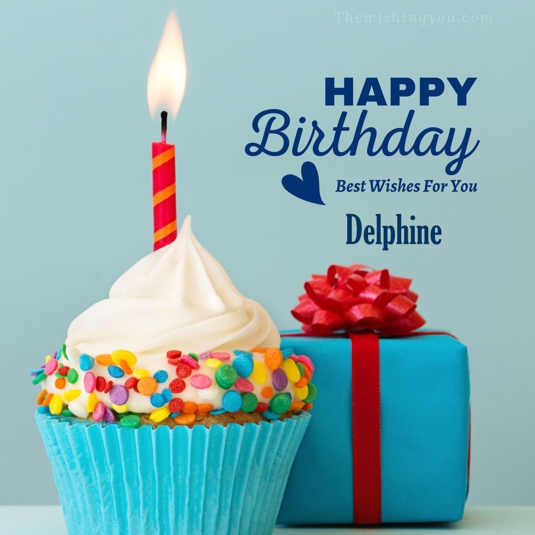 Happy birthday Delphine written on image Blue Cup cake and burning candle blue Gift boxes with red ribon