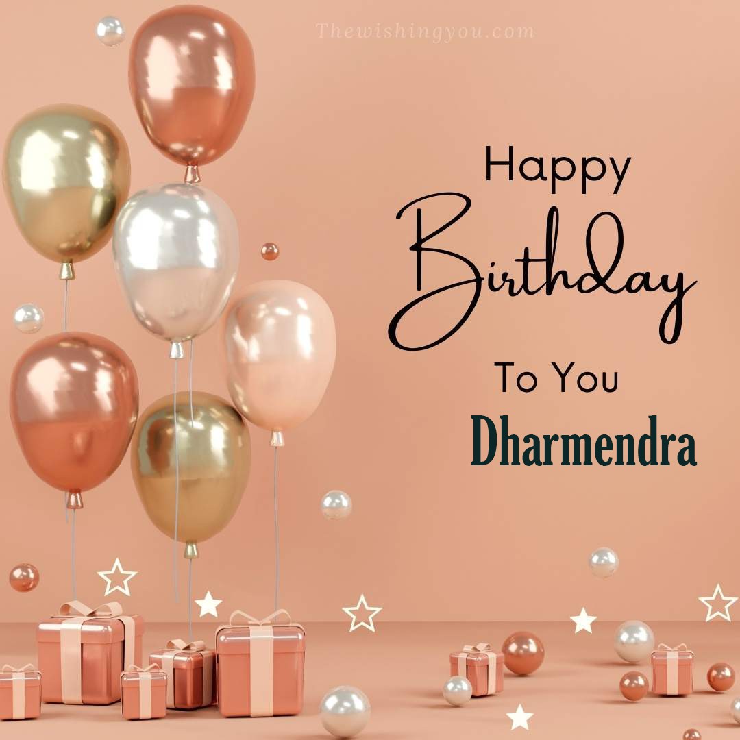 Happy birthday Dharmendra written on image Light Yello and white and pink Balloons with many gift box Pink Background