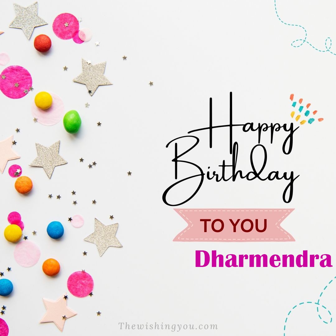 Happy birthday Dharmendra written on image Star and ballonWhite background