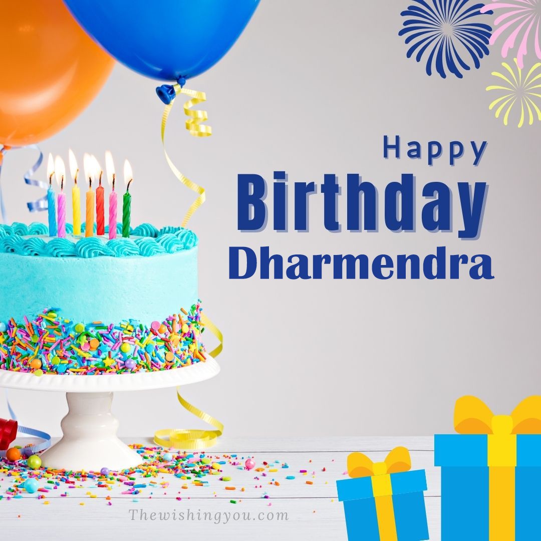 Happy birthday Dharmendra written on image White cake keep on White stand and blue gift boxes with Yellow ribon with Sky background