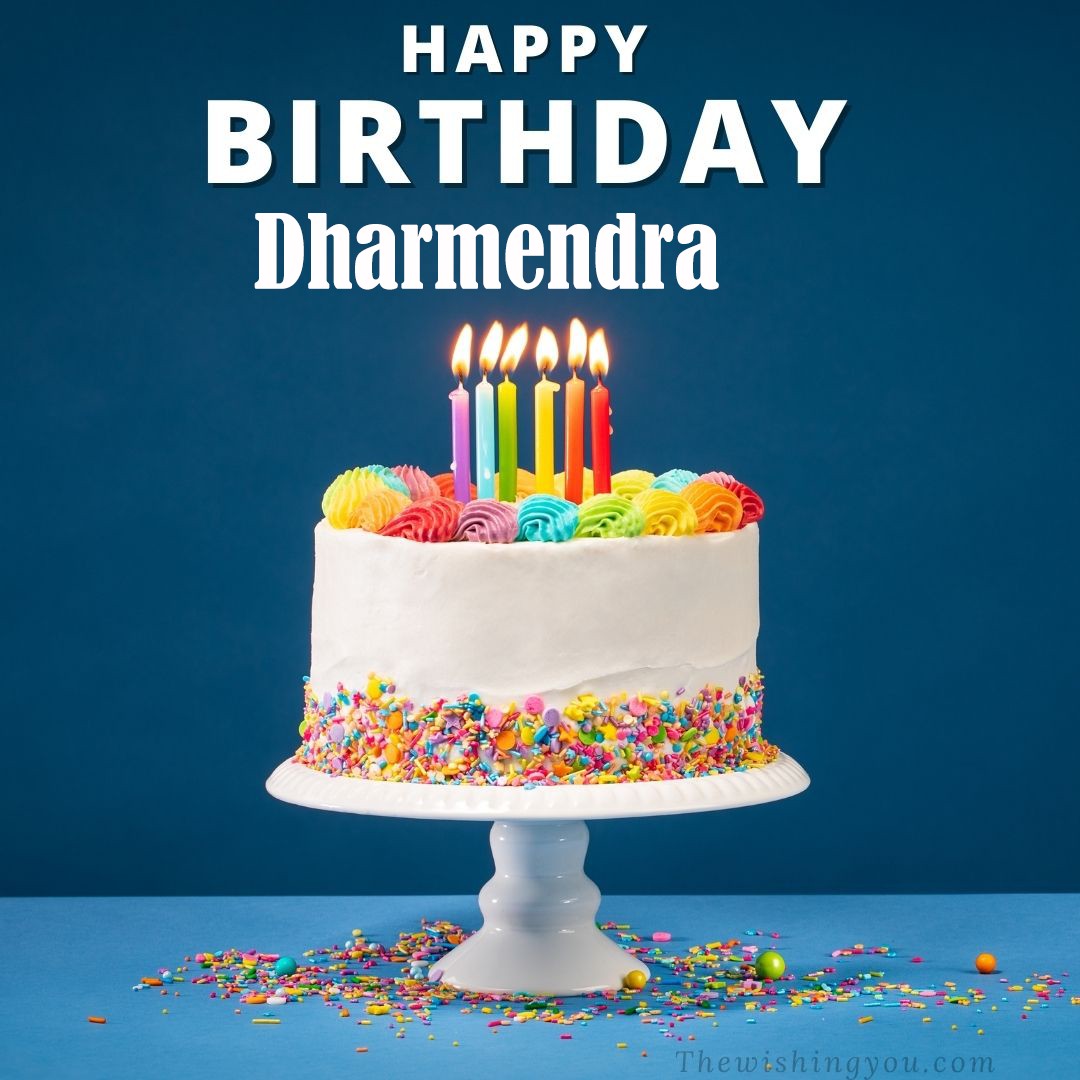 Happy birthday Dharmendra written on image White cake keep on White stand and burning candles Sky background