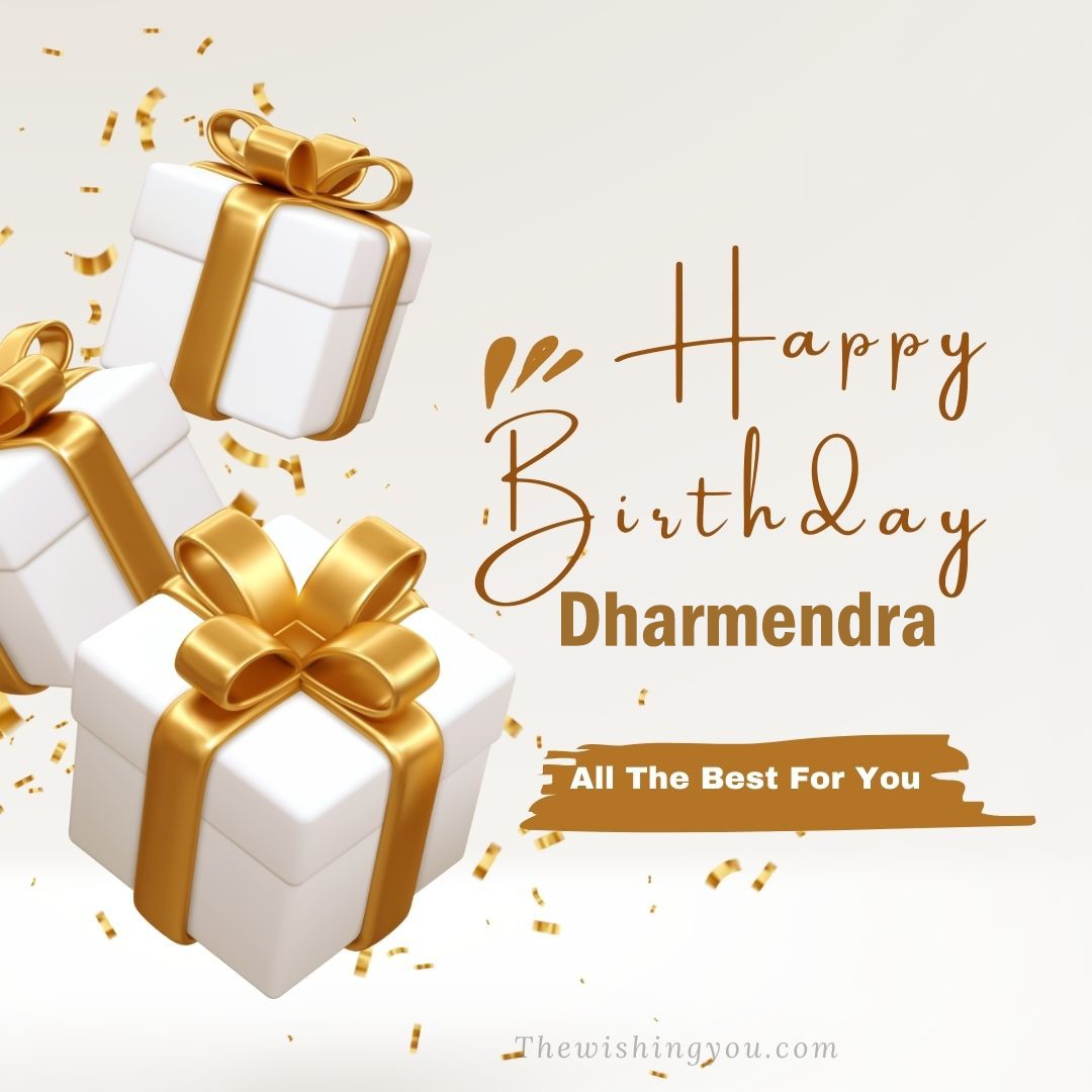 Happy birthday Dharmendra written on image White gift boxes with Yellow ribon with white background