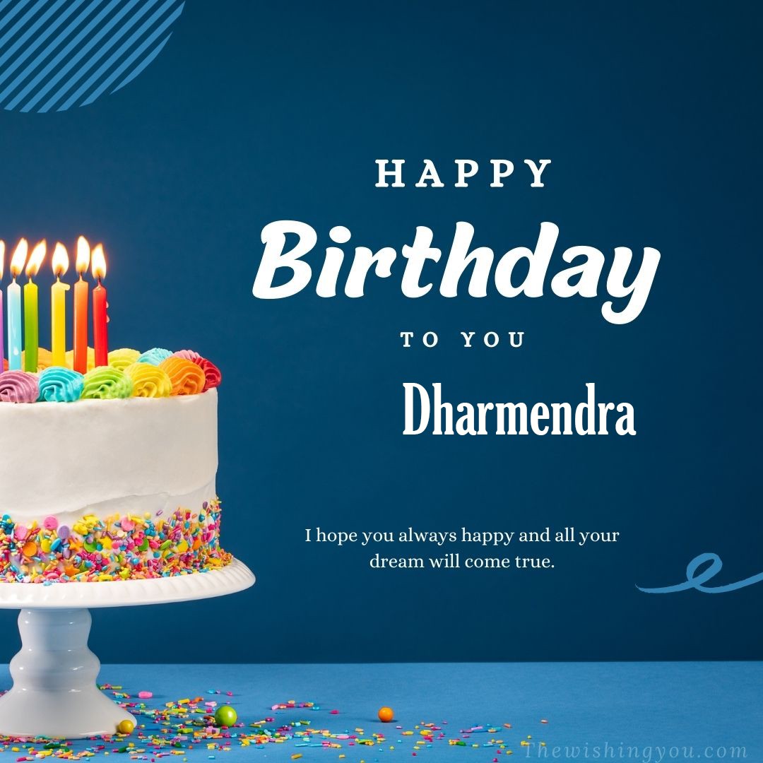 Happy birthday Dharmendra written on image white cake and burning candle Blue Background