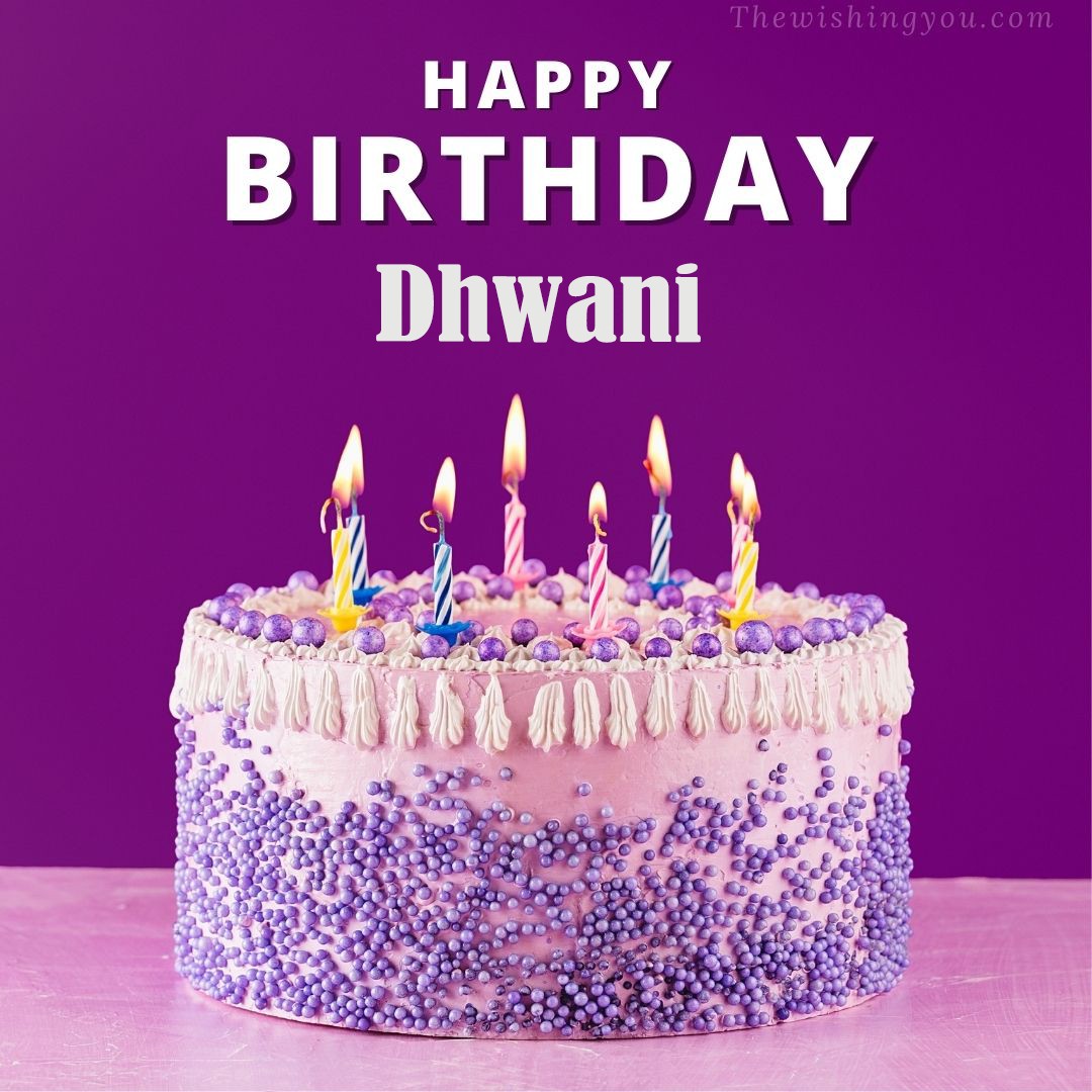 Happy birthday Dhwani written on image White and blue cake and burning candles Violet background