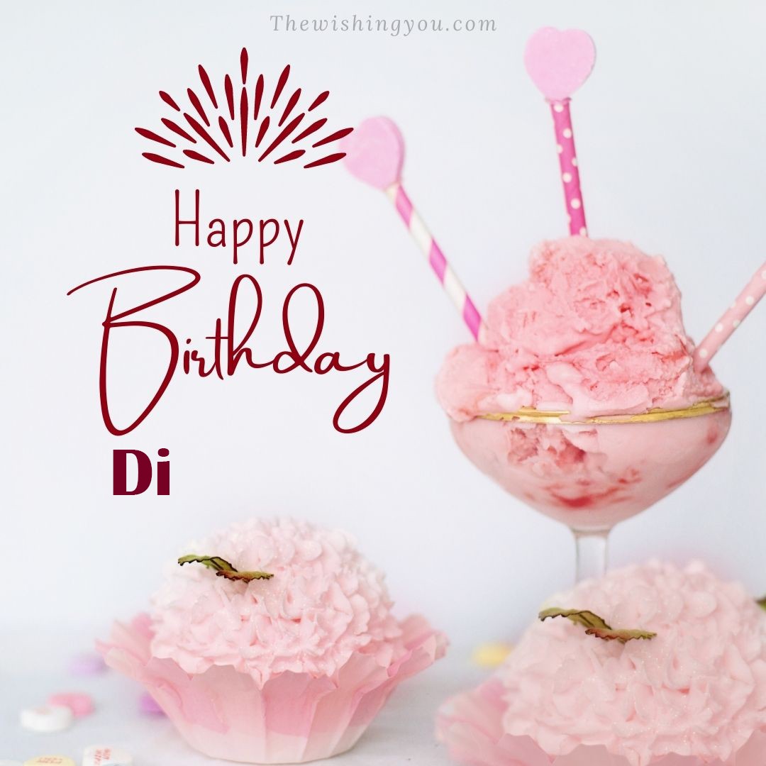 Happy birthday Di written on image pink cup cake and Light White background