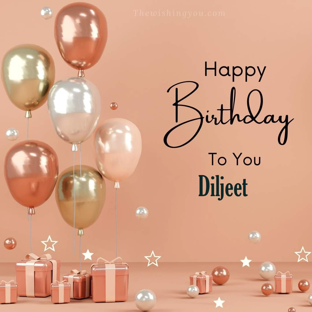Happy birthday Diljeet written on image Light Yello and white and pink Balloons with many gift box Pink Background