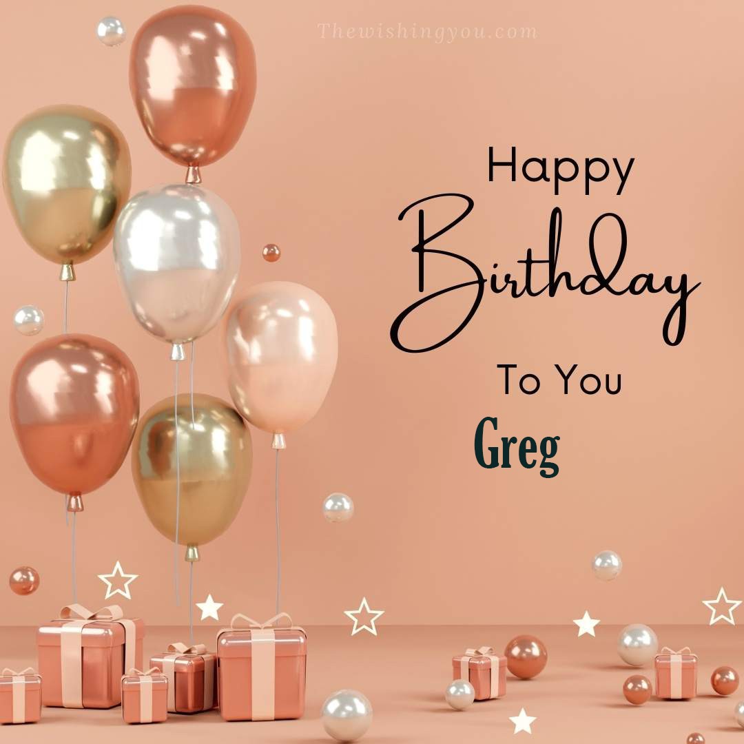 Happy birthday Greg written on image Light Yello and white and pink Balloons with many gift box Pink Background