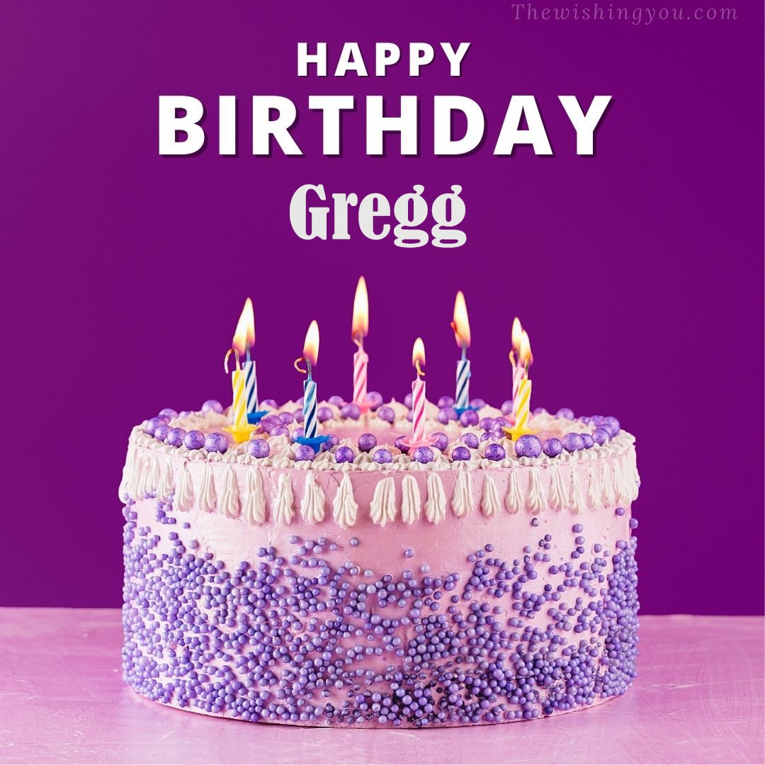Happy birthday Gregg written on image White and blue cake and burning candles Violet background