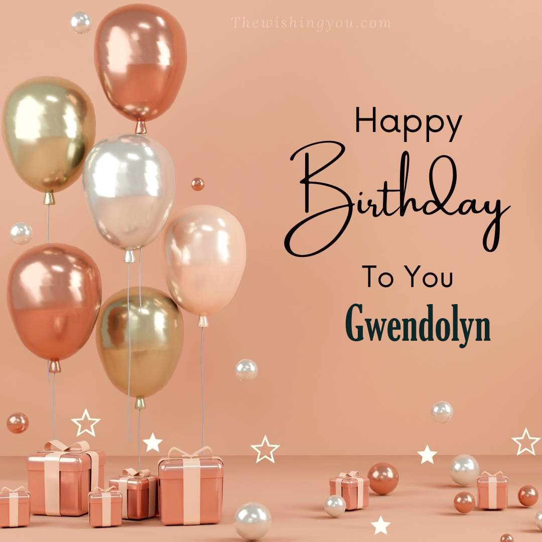 Happy birthday Gwendolyn written on image Light Yello and white and pink Balloons with many gift box Pink Background
