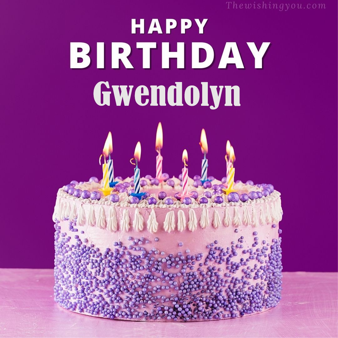 Happy birthday Gwendolyn written on image White and blue cake and burning candles Violet background