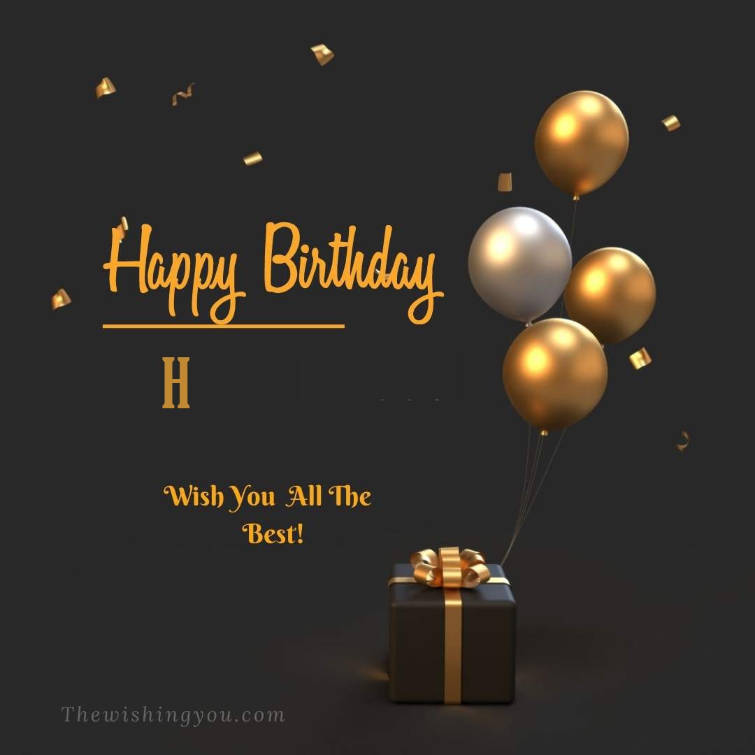 Happy birthday H written on image Light Yello and white Balloons with gift box Dark Background