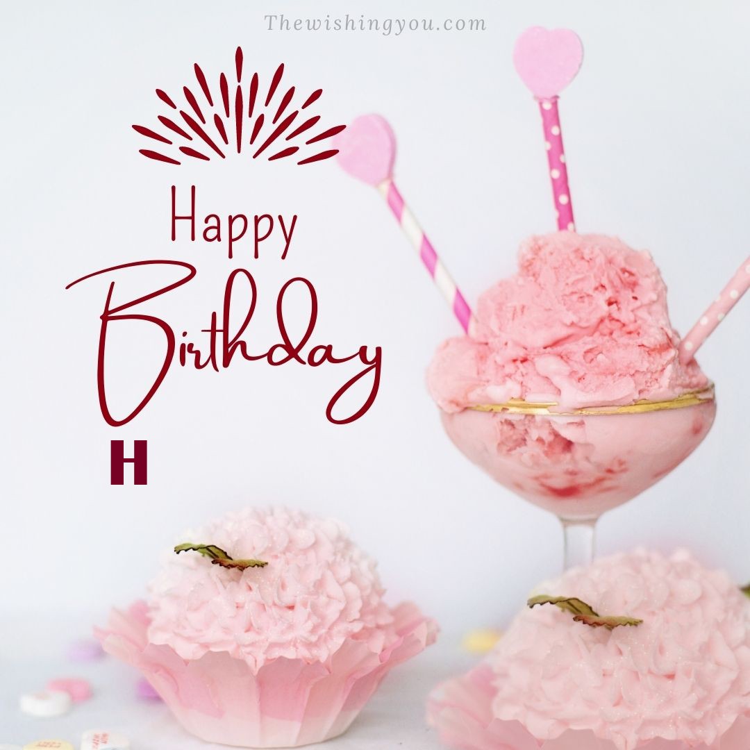 Happy birthday H written on image pink cup cake and Light White background