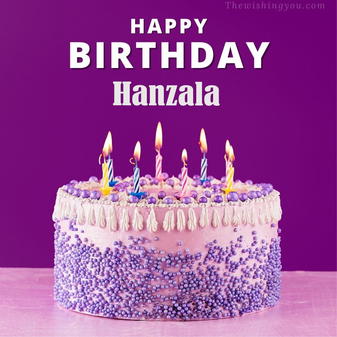 Happy birthday Hanzala written on image White and blue cake and burning candles Violet background