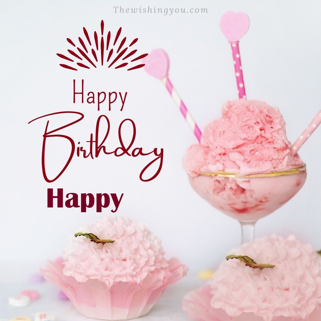 Happy birthday Happy written on image pink cup cake and Light White background