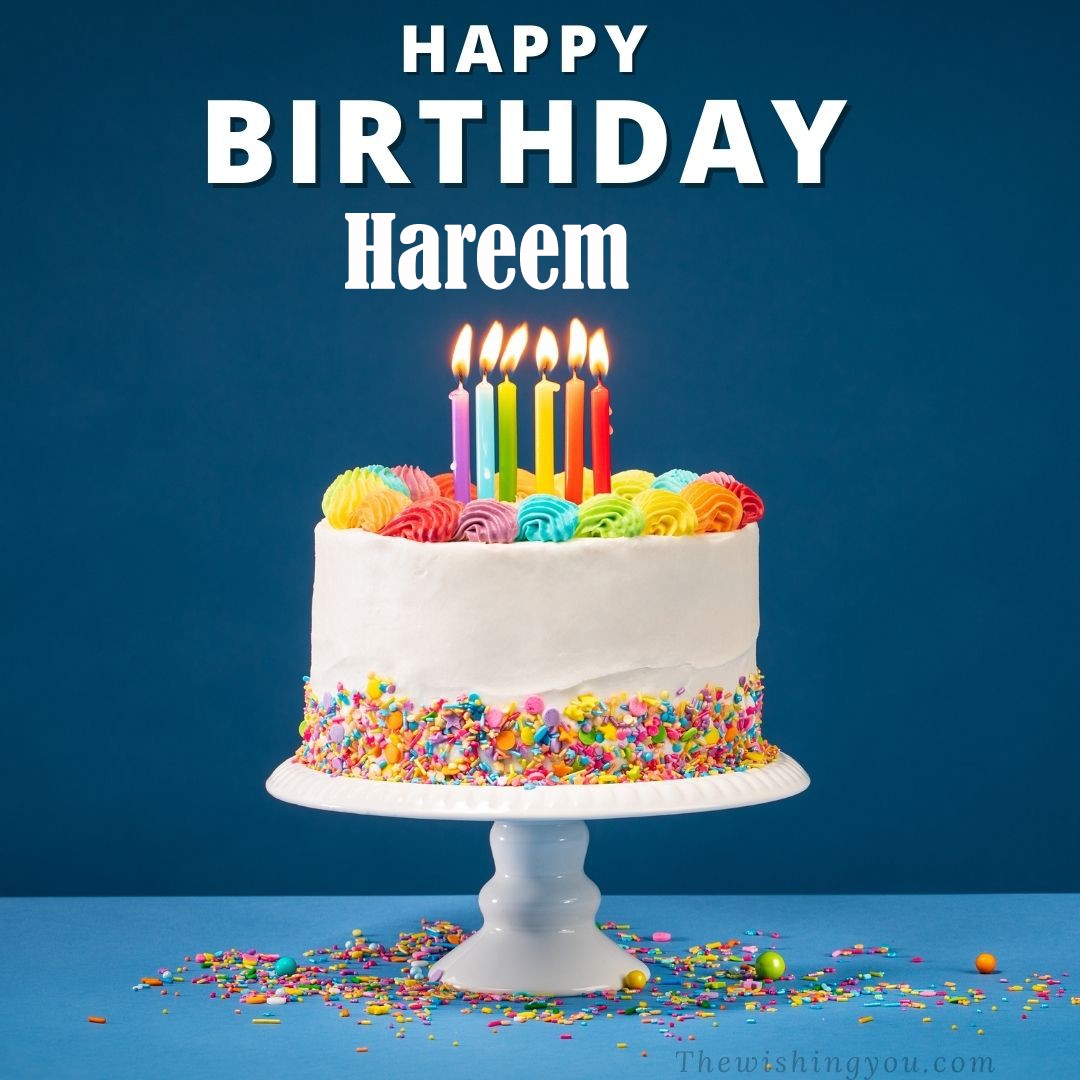 Happy birthday Hareem written on image White cake keep on White stand and burning candles Sky background