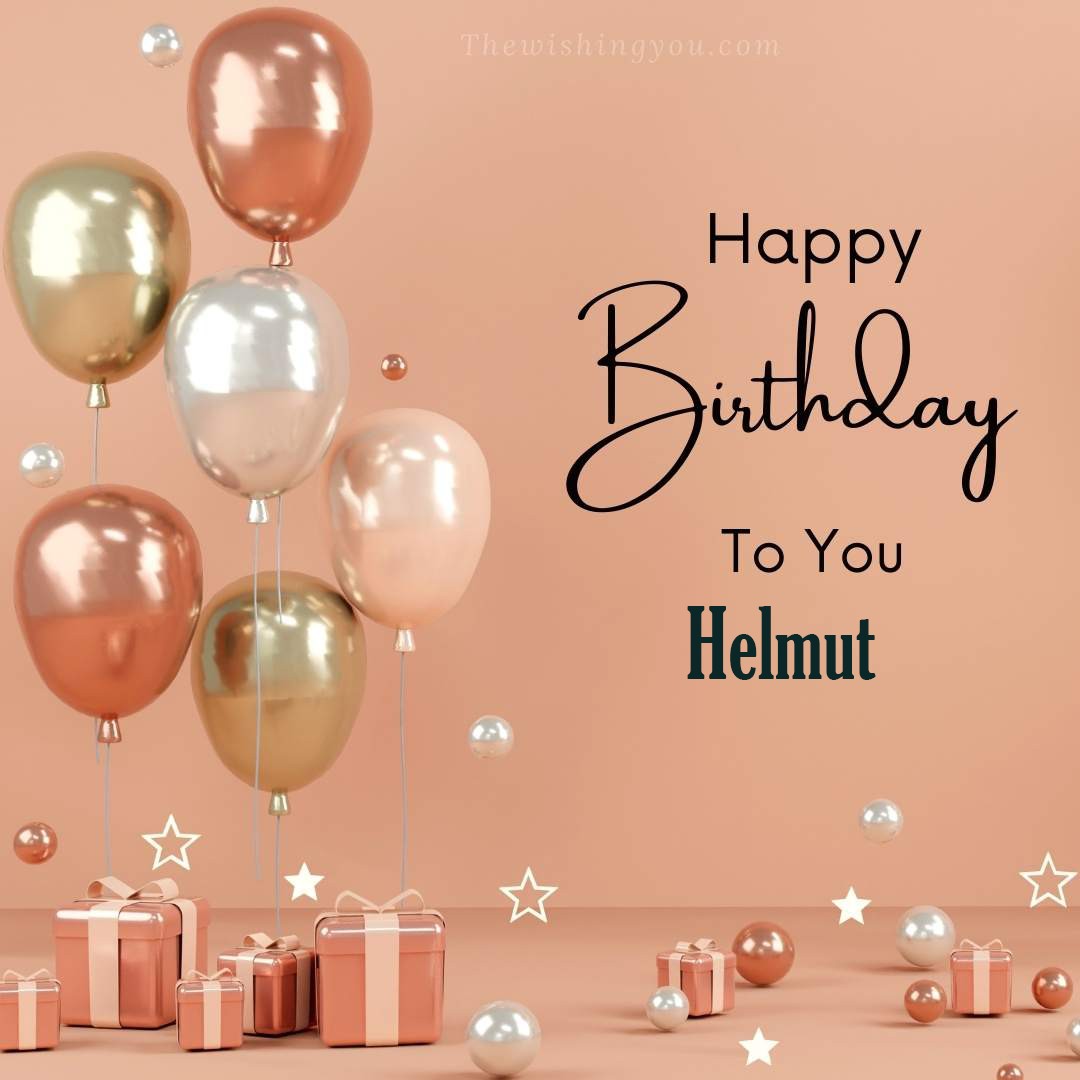 Happy birthday Helmut written on image Light Yello and white and pink Balloons with many gift box Pink Background