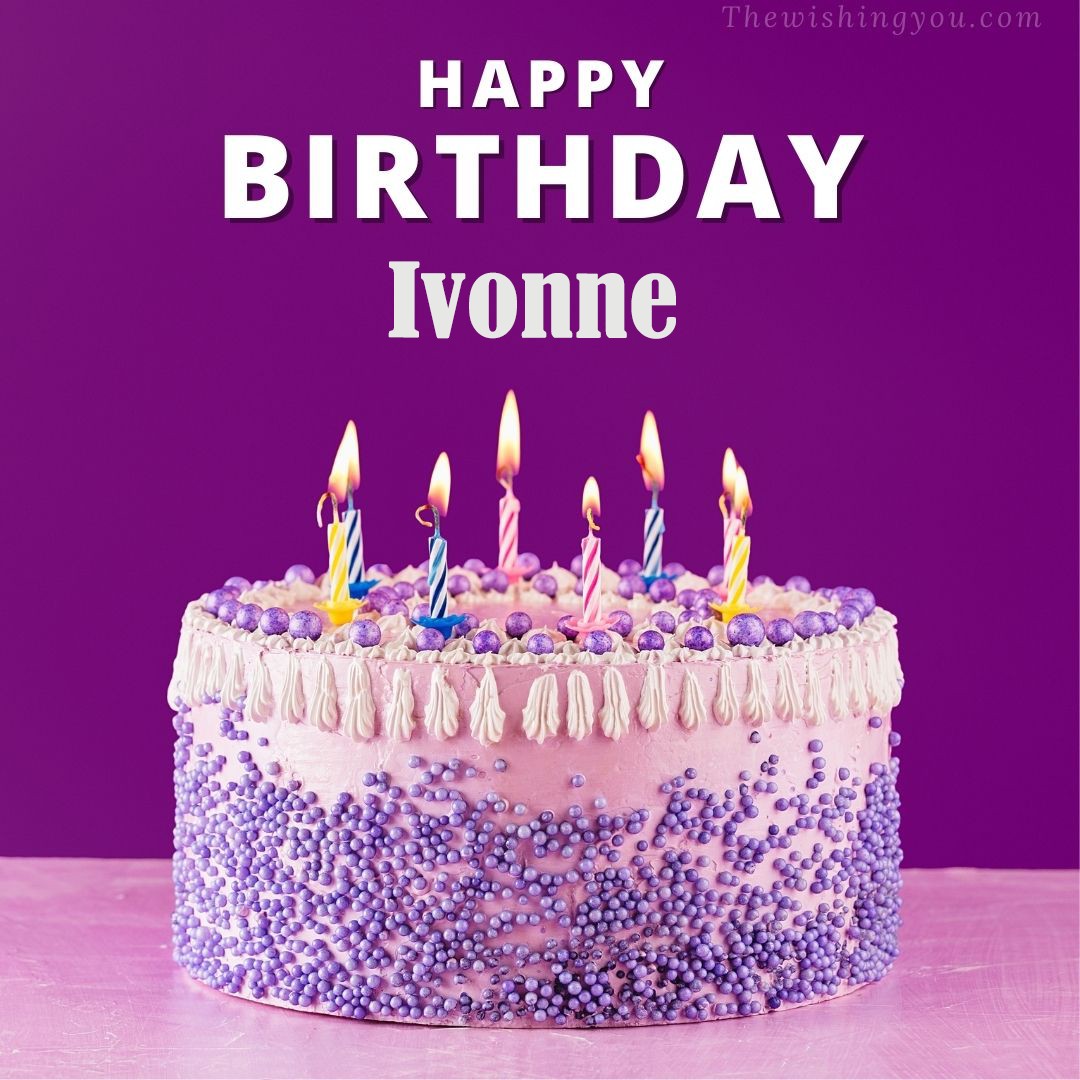 Happy birthday Ivonne written on image White and blue cake and burning candles Violet background