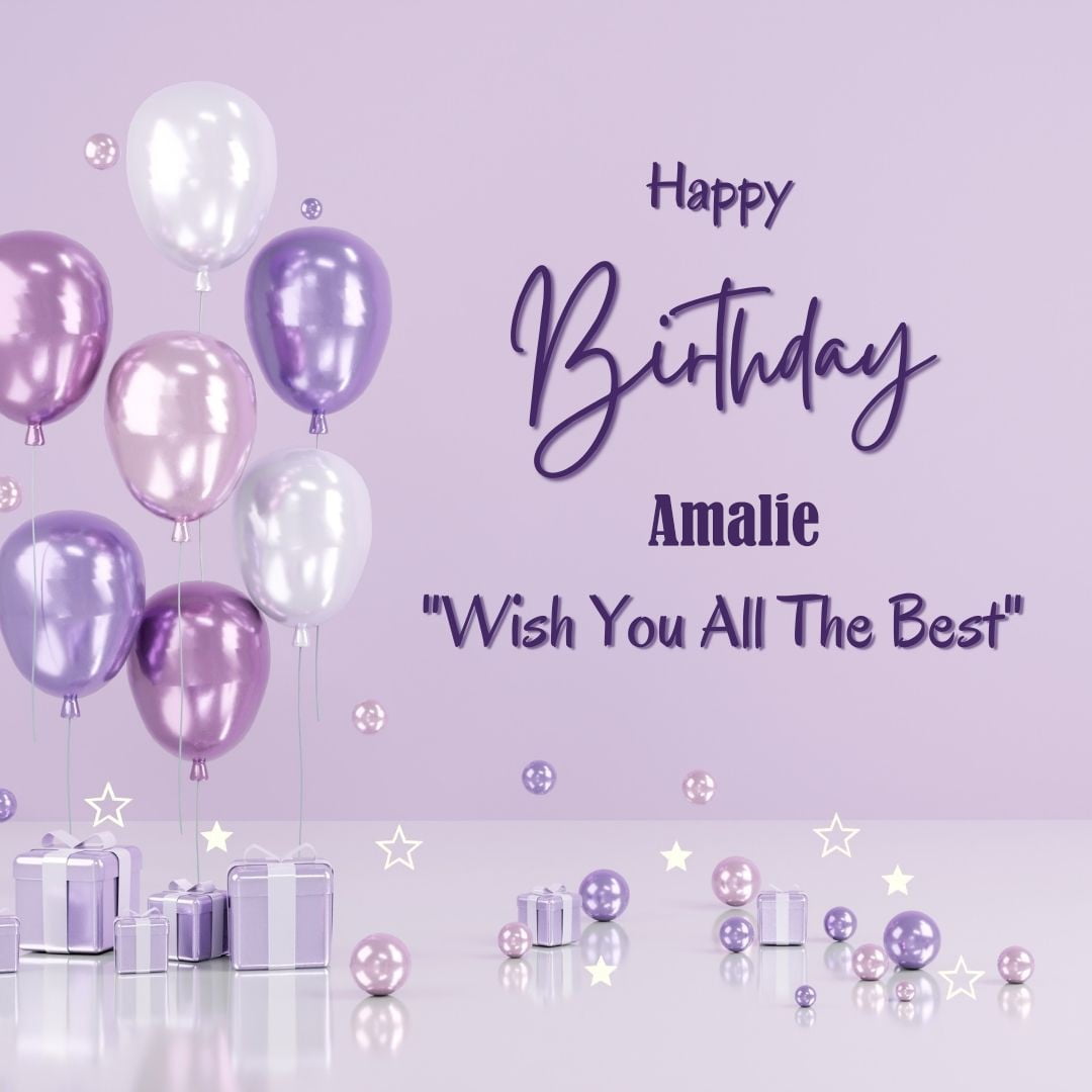 Happy Birthday Amalie written on imagemany purple Gift boxes with White ribon pink white and blue ballon light purple background