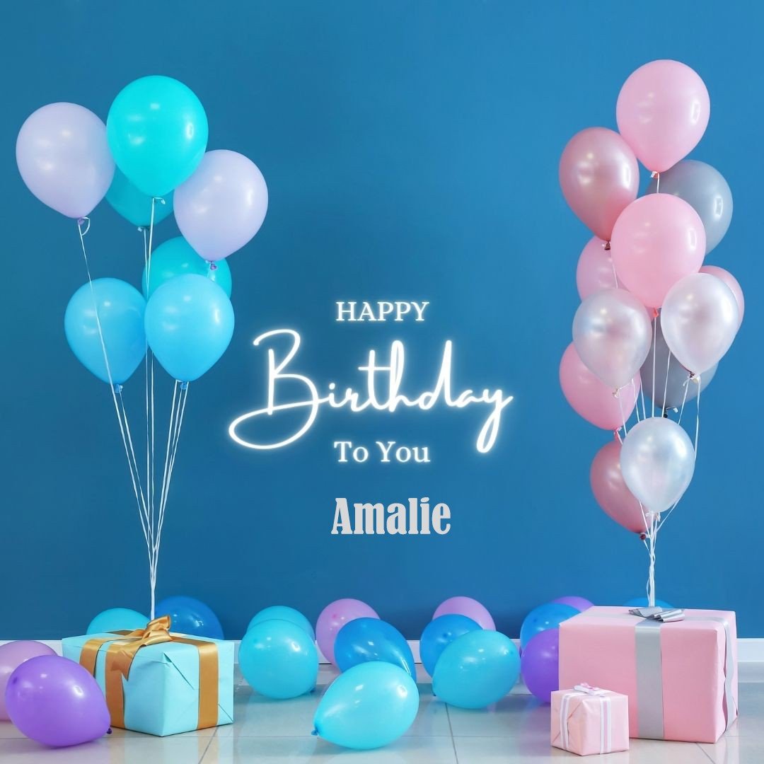 Happy Birthday Amalie written on imagemany purple and pink Gift boxes with yellow and white ribonpink white and blue ballon light Blue background