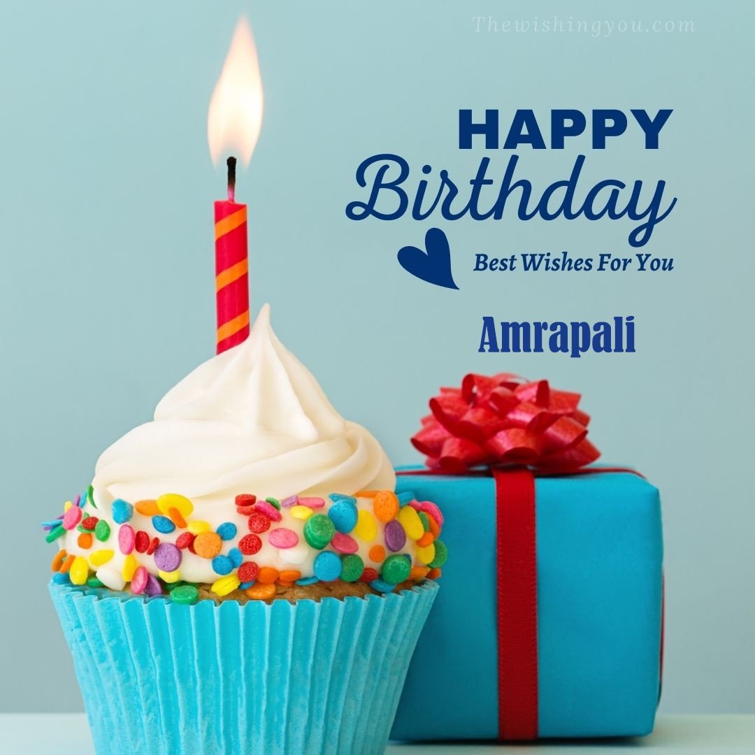 Happy Birthday Amrapali written on image Blue Cup cake and burning candle blue Gift boxes with red ribon