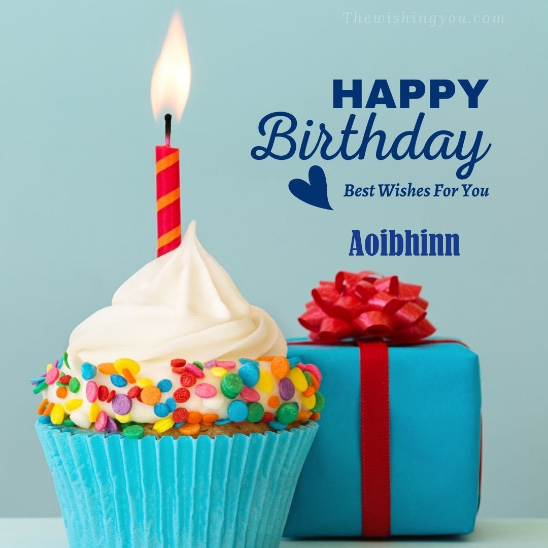 Happy Birthday Aoibhinn written on image Blue Cup cake and burning candle blue Gift boxes with red ribon