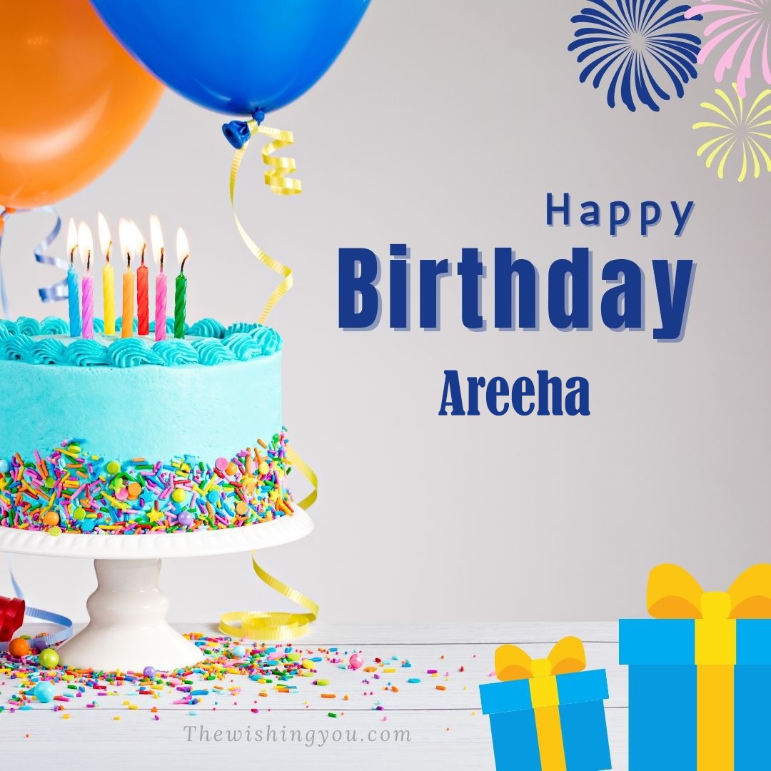 Happy Birthday Areeha written on image Green cake keep on White stand and blue gift boxes with Yellow ribon with Sky background