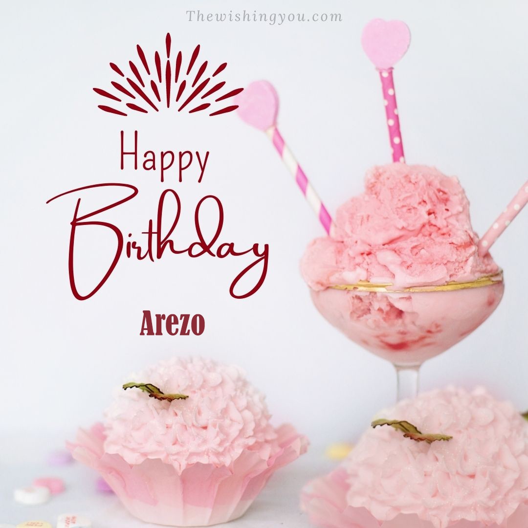 Happy Birthday Arezo written on image pink cup cake and Light White background