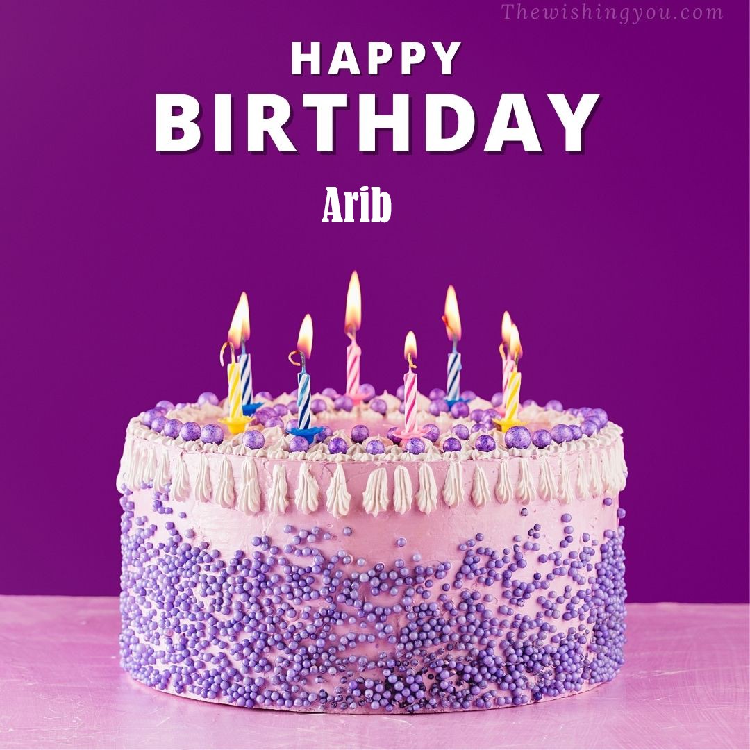 Happy Birthday Arib written on image White and blue cake and burning candles Violet background