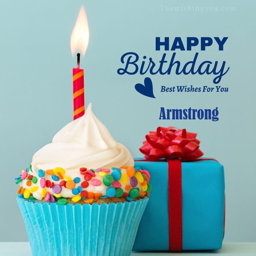 Happy Birthday Armstrong written on image Blue Cup cake and burning candle blue Gift boxes with red ribon