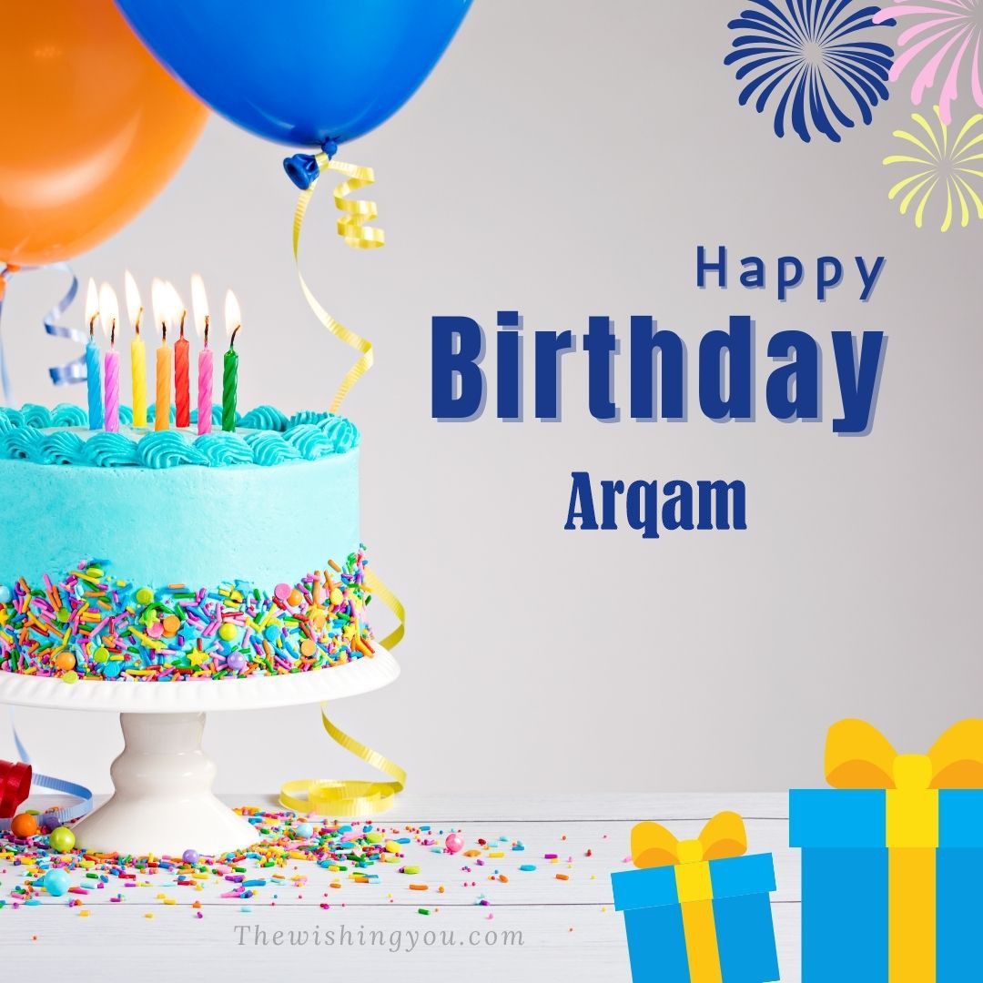 Happy Birthday Arqam written on image Green cake keep on White stand and blue gift boxes with Yellow ribon with Sky background