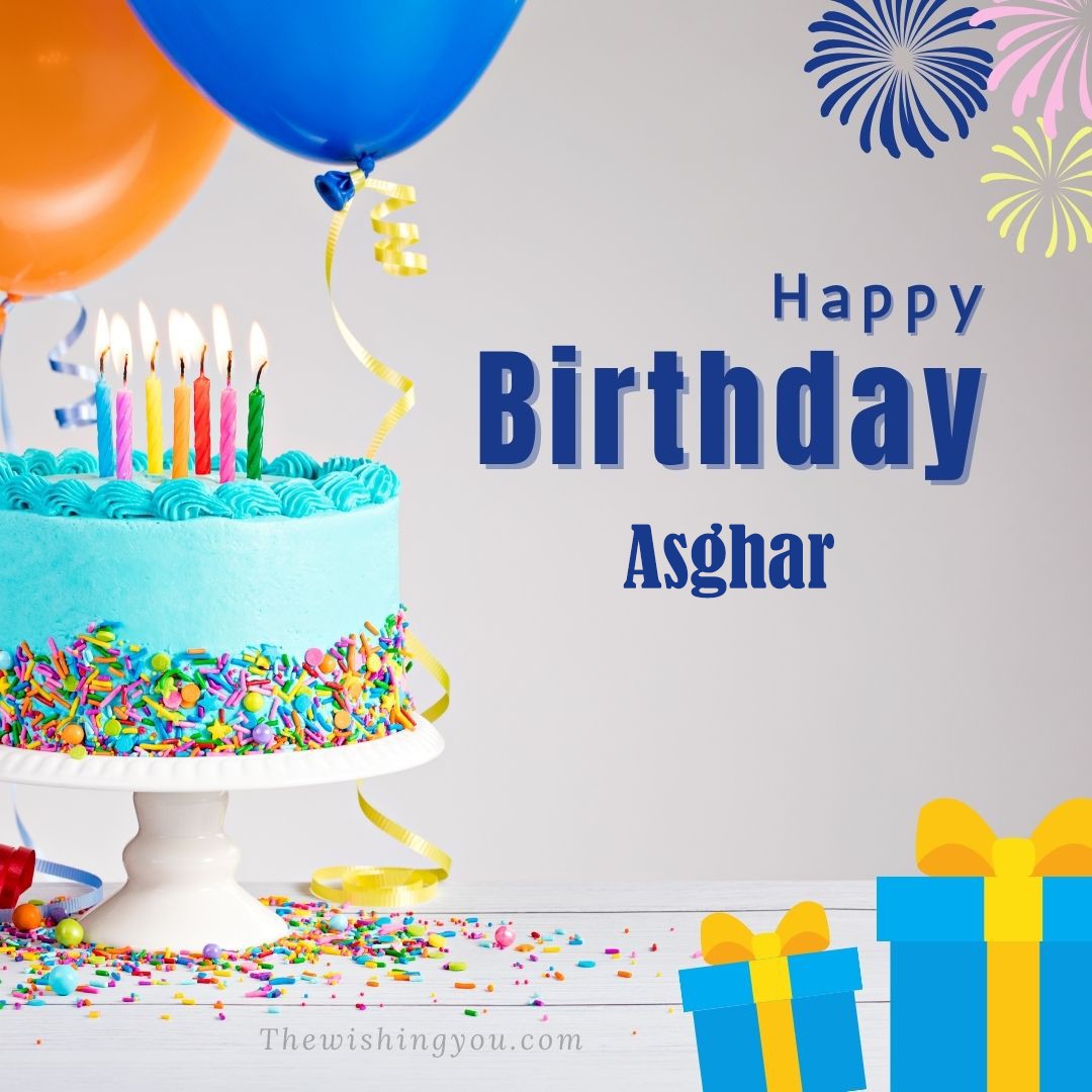 Happy Birthday Asghar written on image Green cake keep on White stand and blue gift boxes with Yellow ribon with Sky background